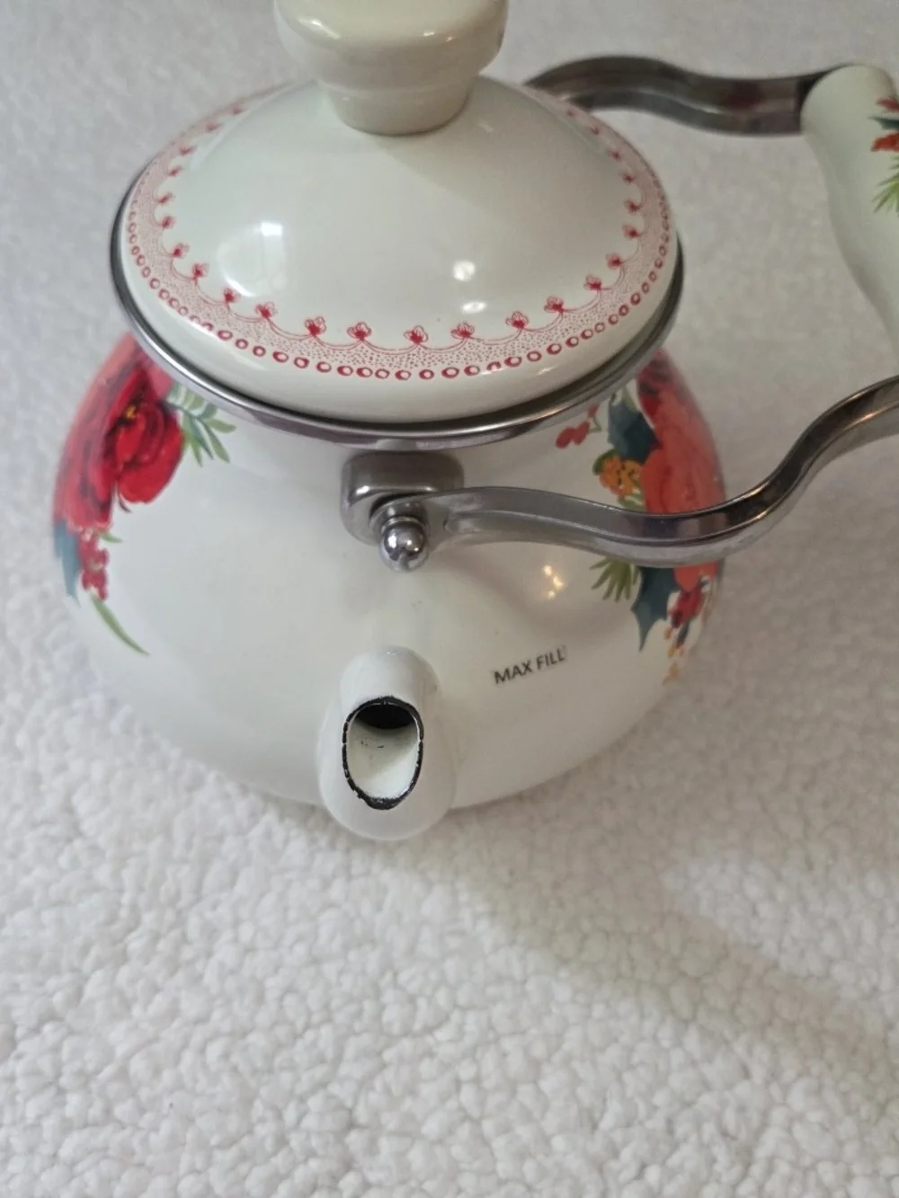Pioneer Woman Tea Pot Kettle Holiday Cheerful Rose Enamel 1.9 Quart Steel